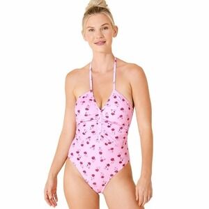 Women's Shade & Shore Halter Plunge One Piece Swimsuit Pink Rose Size 12 NWT